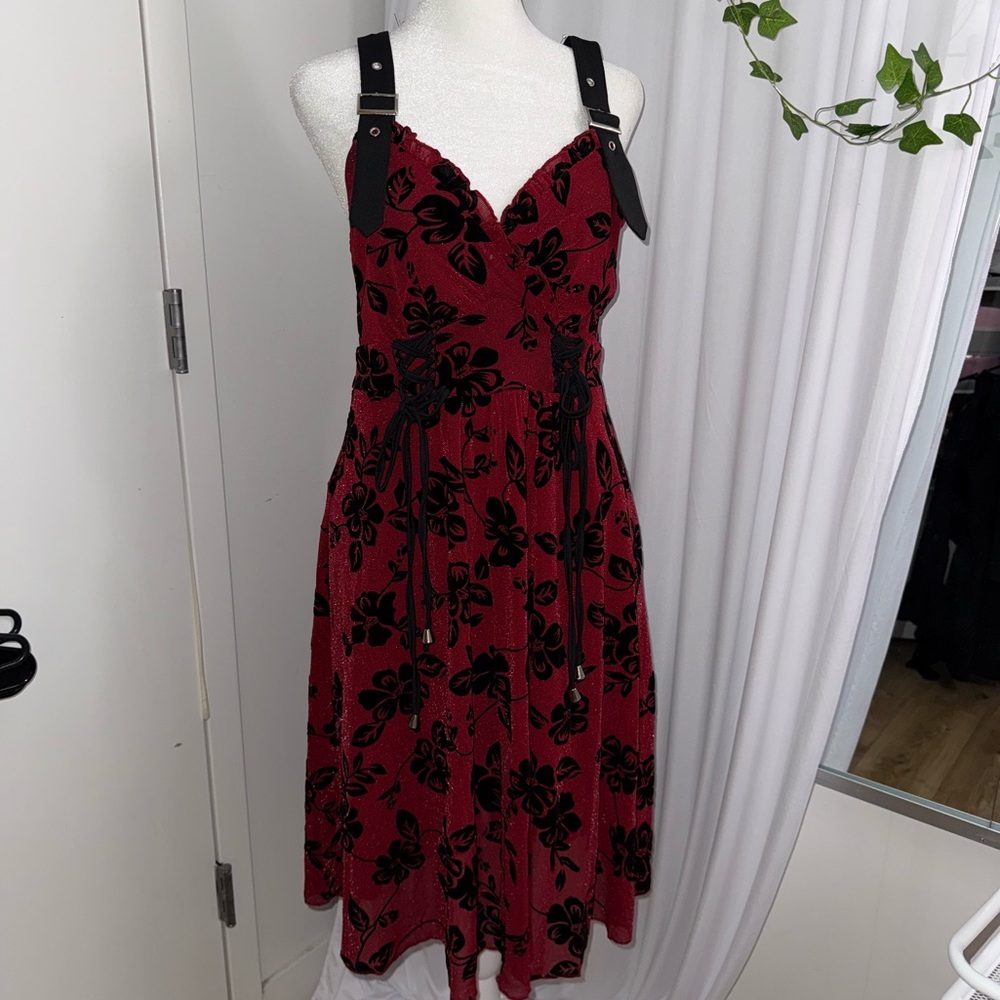 Red and black floral goth dress